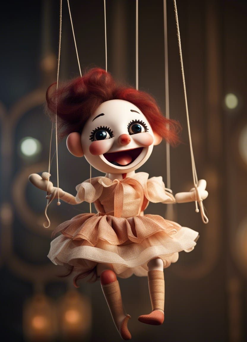 Whimsical Marionette Puppet Suspended in Mid-Air