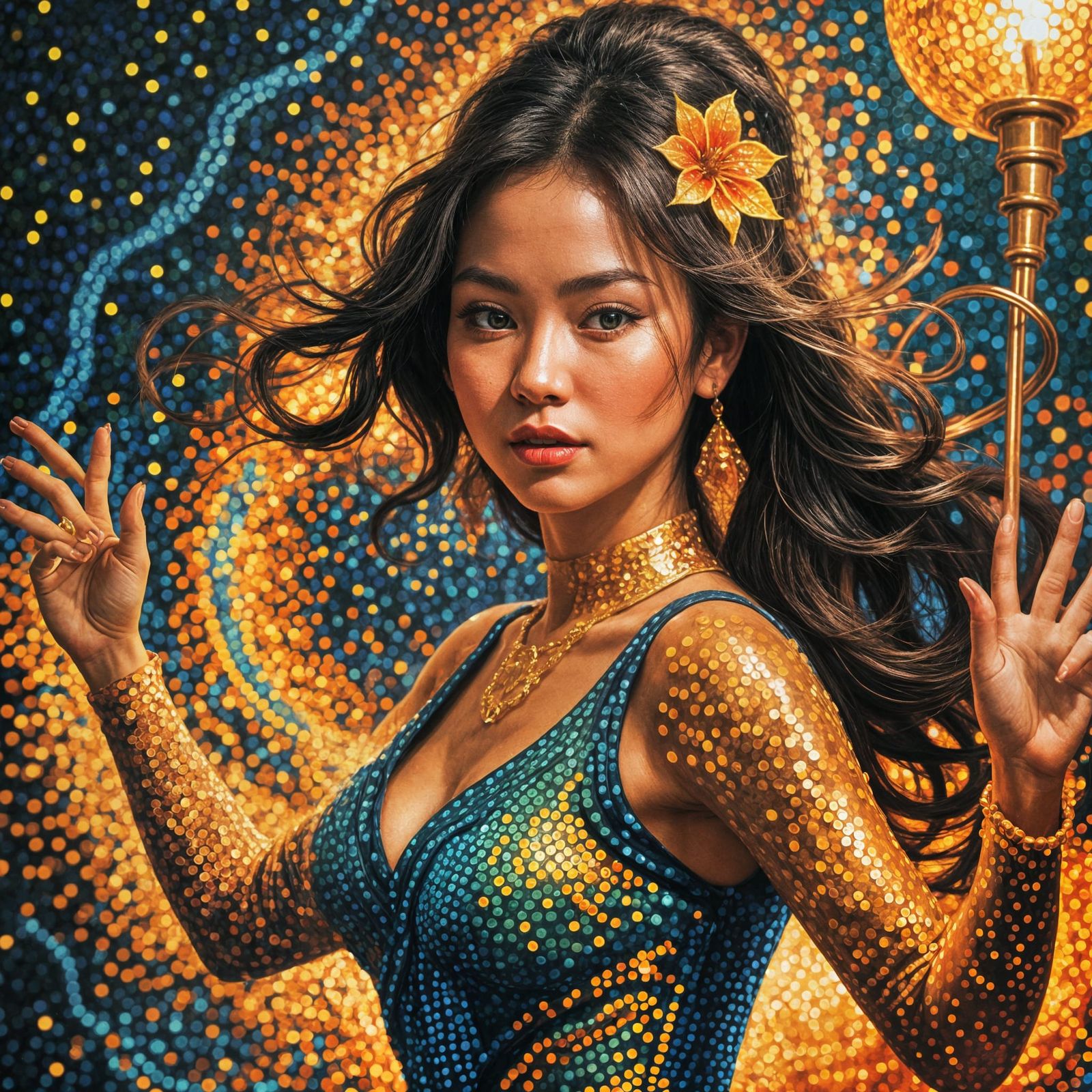 Vixen dancing gaily in a torch lit disco