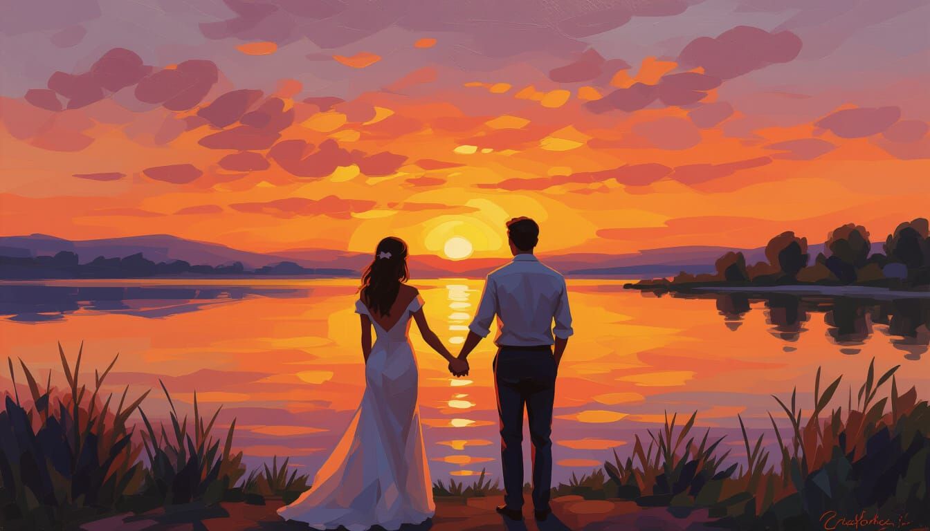Couple Rekindling Love Watching Sunset Impressionist Paintin...