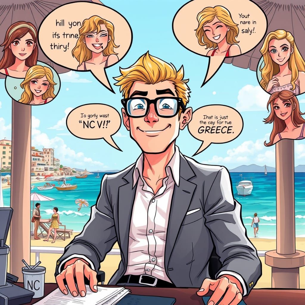 A Comic cartoon blond man with glasses at work .