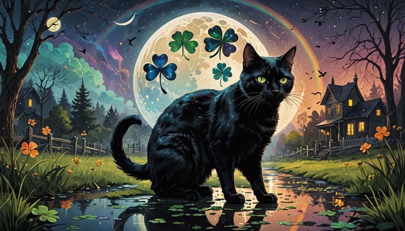 Superstitious Black Cat, Broken Mirror, and Lucky Clover