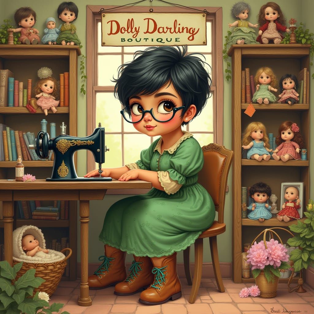 Whimsical Curvy Woman in Cottagecore Dress with Vintage Sewi...