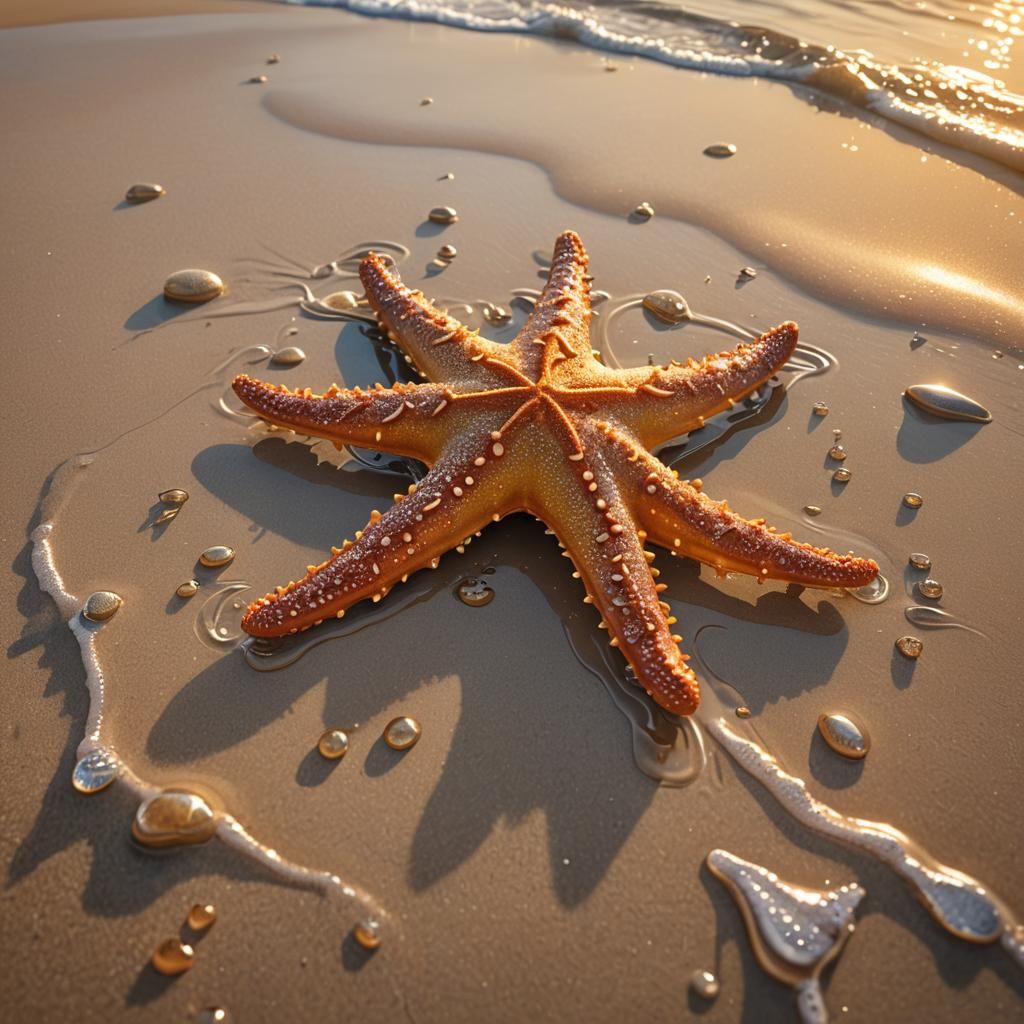 Seastar on Beach at Sunrise in 3D Rendering