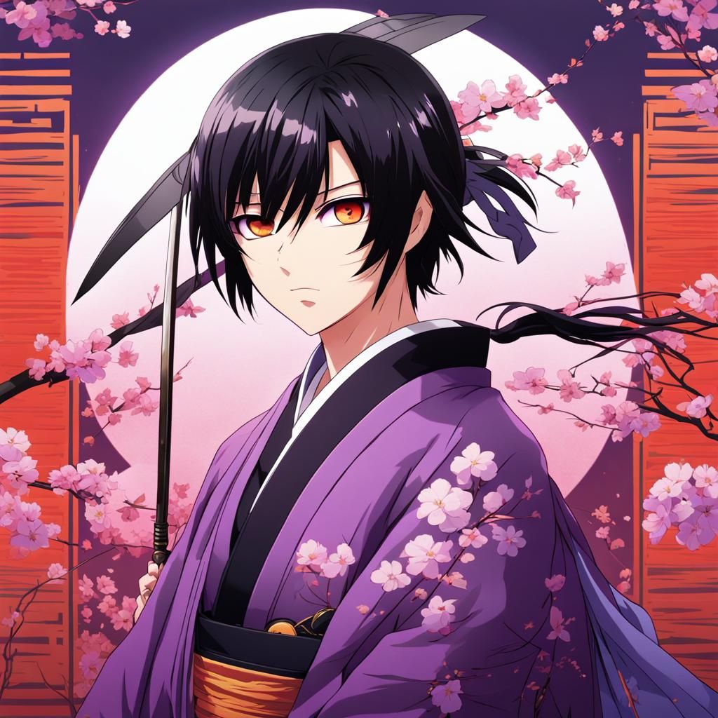 Anime Swordsman with Heterochromia in Purple Kimono