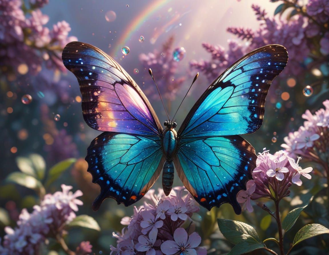 Iridescent Butterfly on Lilac Flowers in Ethereal Light