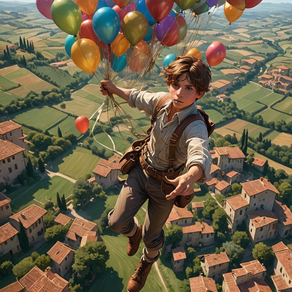 Boy's Balloon Flight Over Tuscany, Hyperdetailed Art