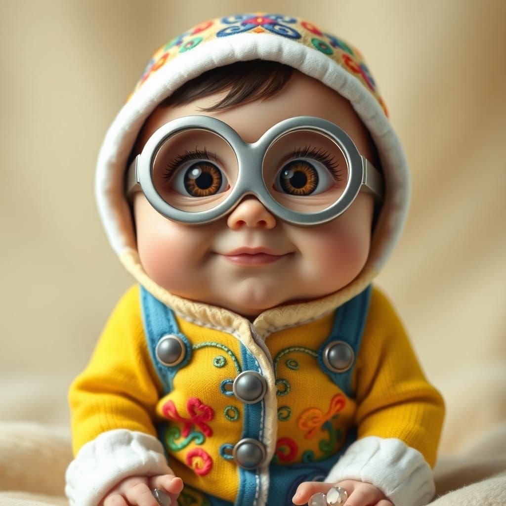 Hyperrealistic Baby Minion Portrait in Detailed Clothing