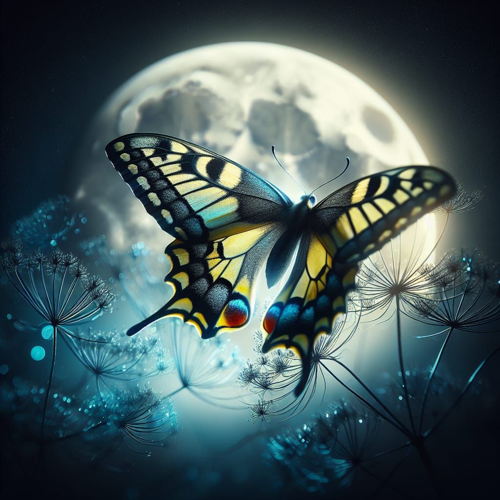 Swallowtail Butterfly with Iridescent Wings at Night