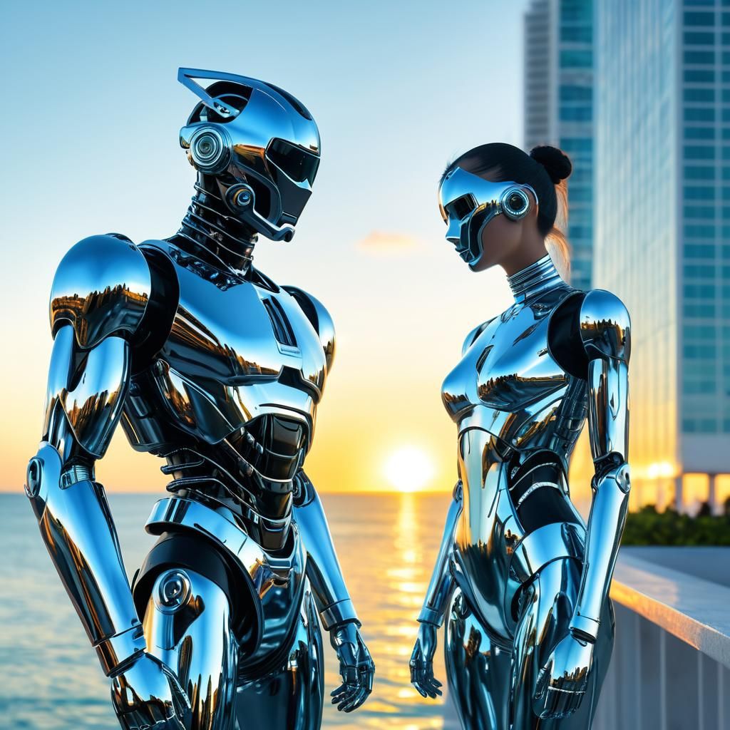 Cyberpunk Robots Admire Ocean Sunset in Miami Vice Style