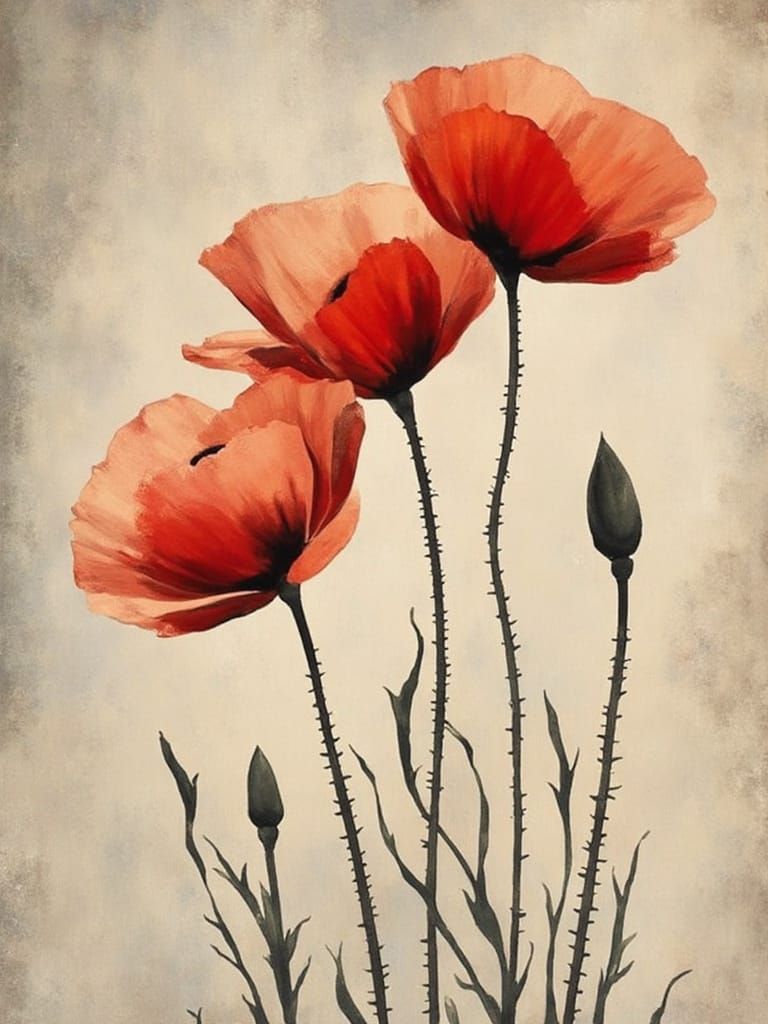 Whimsical Watercolor Poppies in Distressed Style