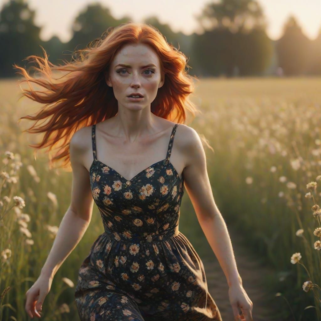 Frightened Redhead Fleeing from Dark Figures in a Field