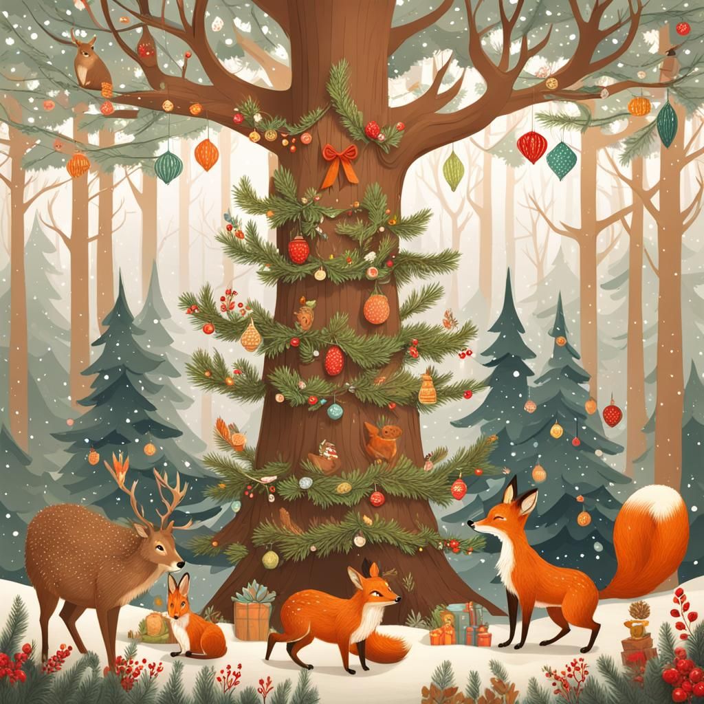 Forest Animals Gather Around Christmas Tree