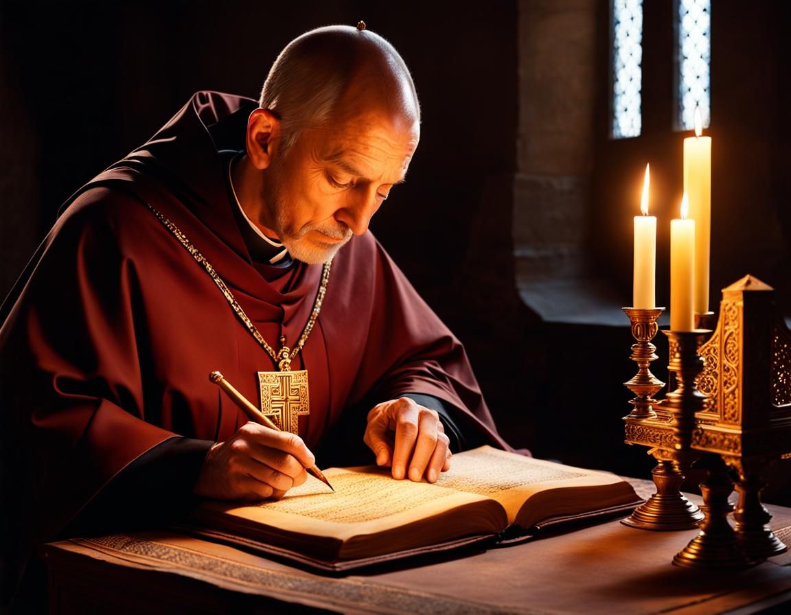 Medieval Monk Transcribing Manuscript at Magic Hour