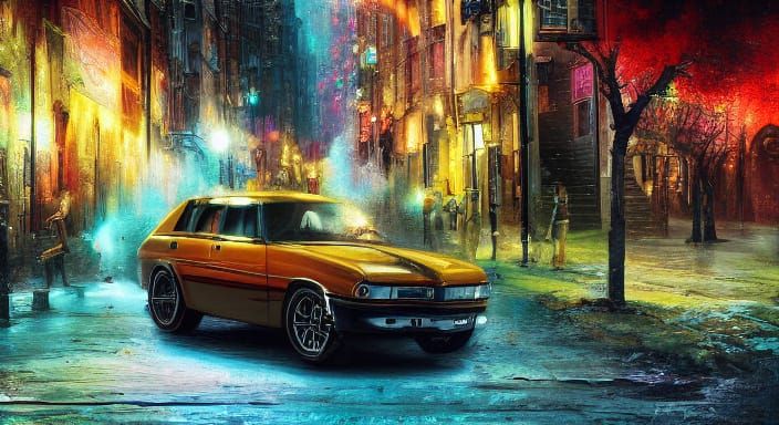 Vibrant Wagon Scene in High Contrast