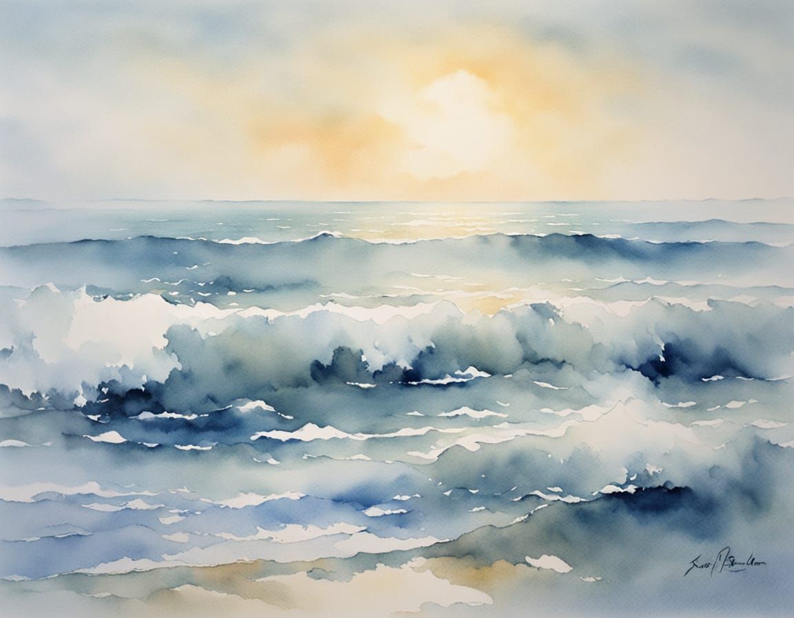 Serene Seascape Watercolor Painting with Gentle Blue Waves