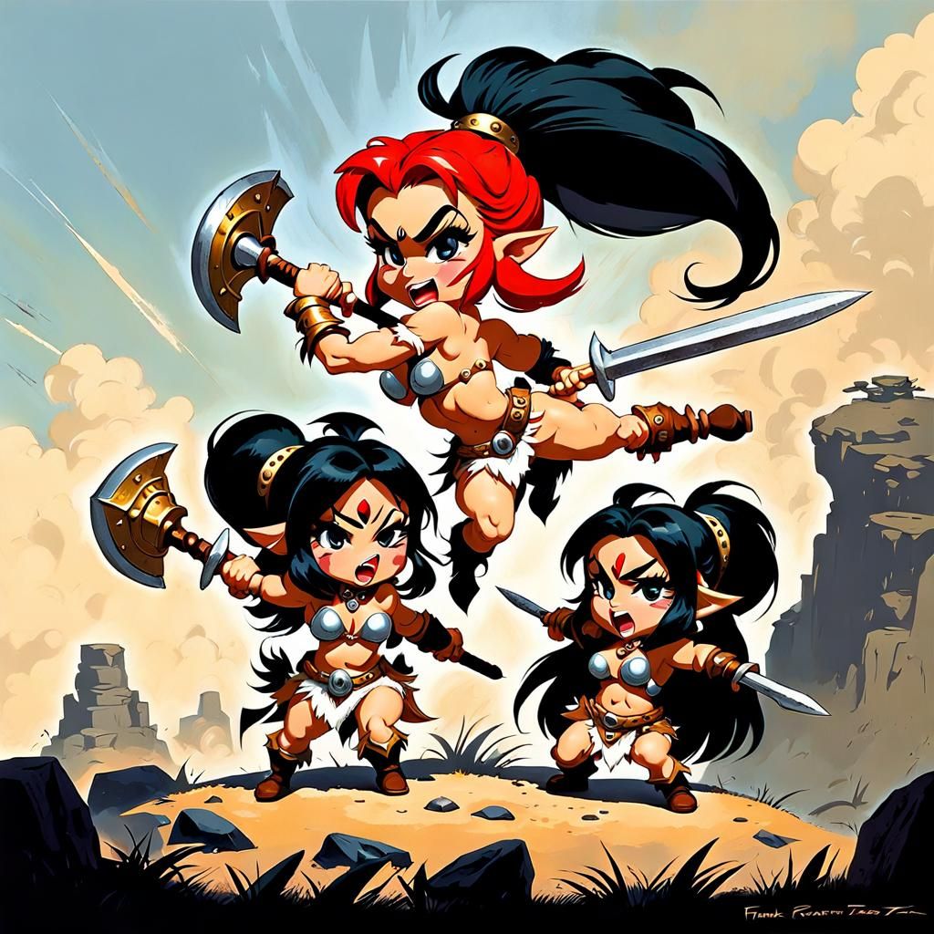 Cartoon Barbarian Girls in Frazetta Style