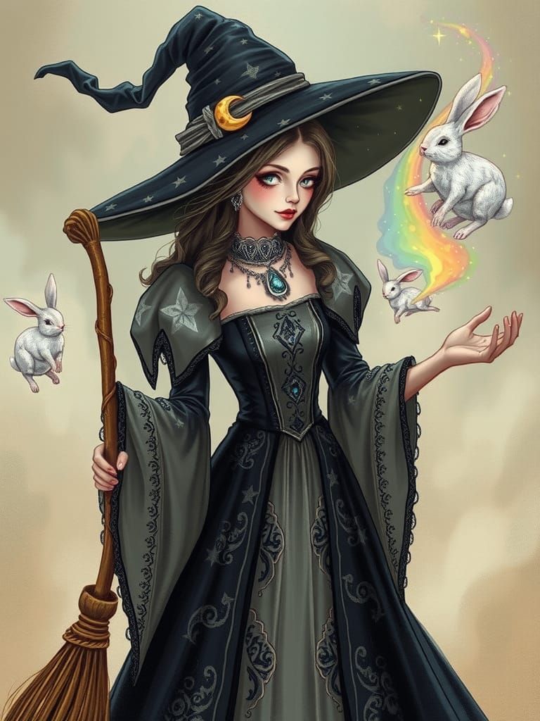 Mystical Witch Conjuring Rabbits with Magic