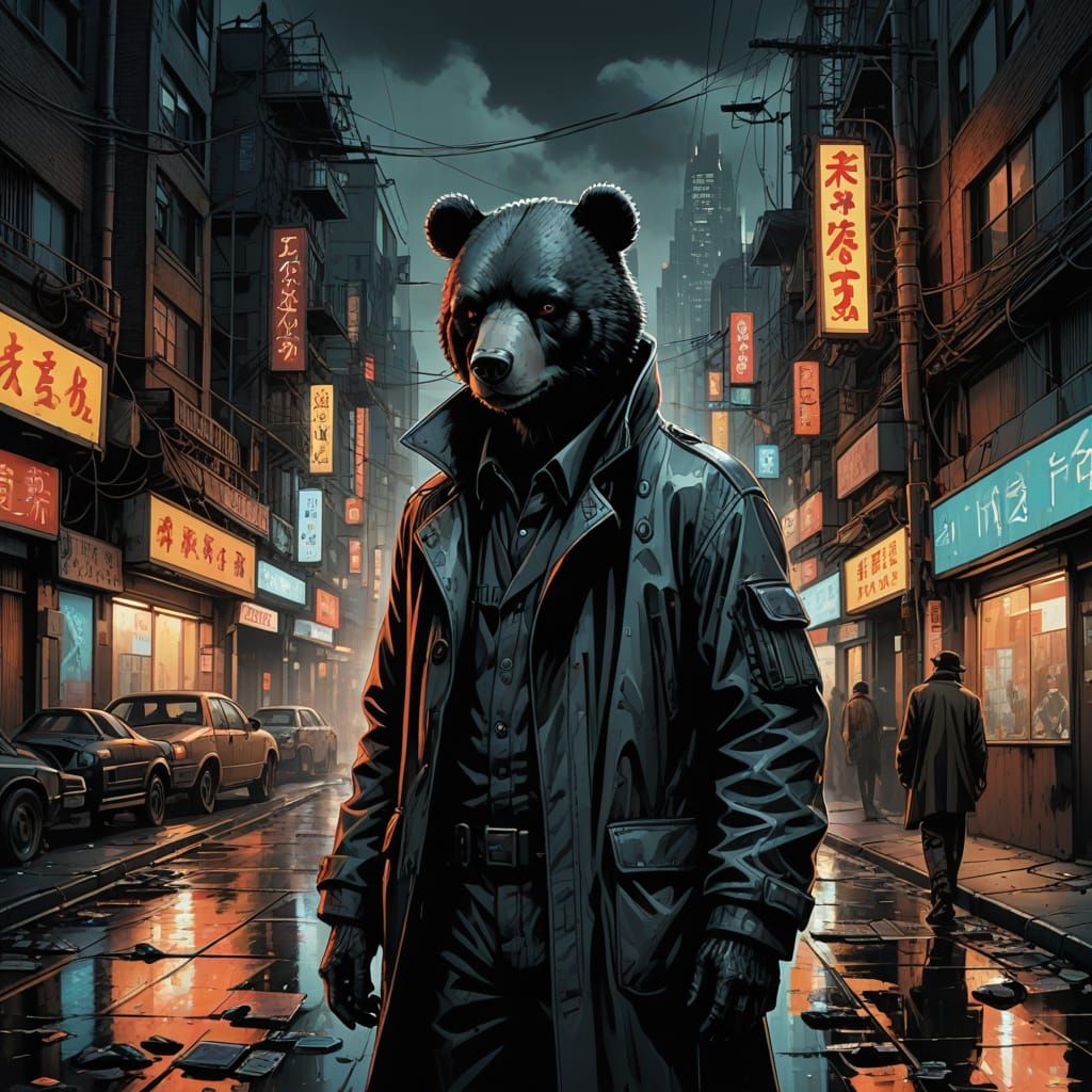 Cyberpunk Teddy Bear in Grimy Alley