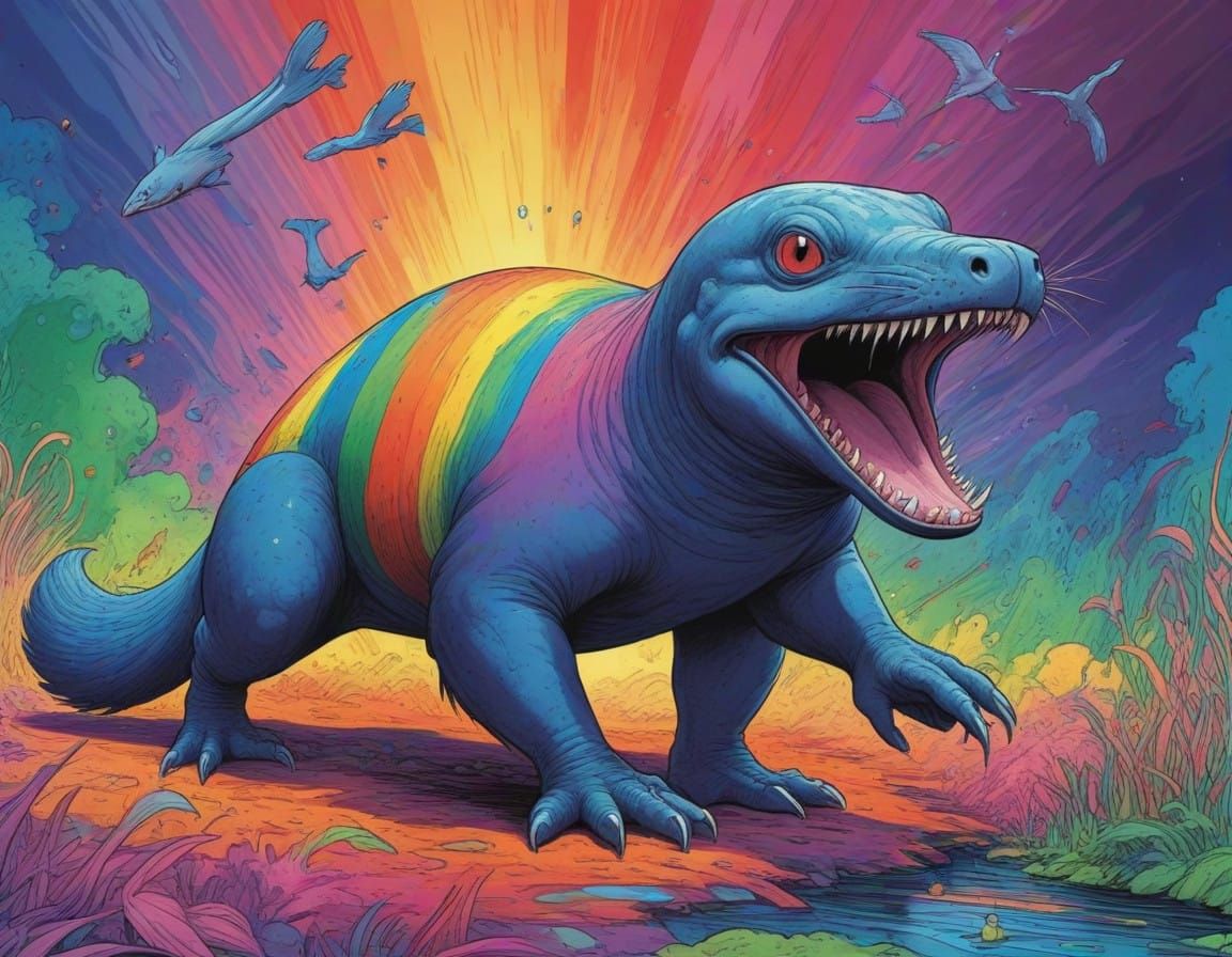 Rainbow vs. Platypus Battle in Junji Ito Style