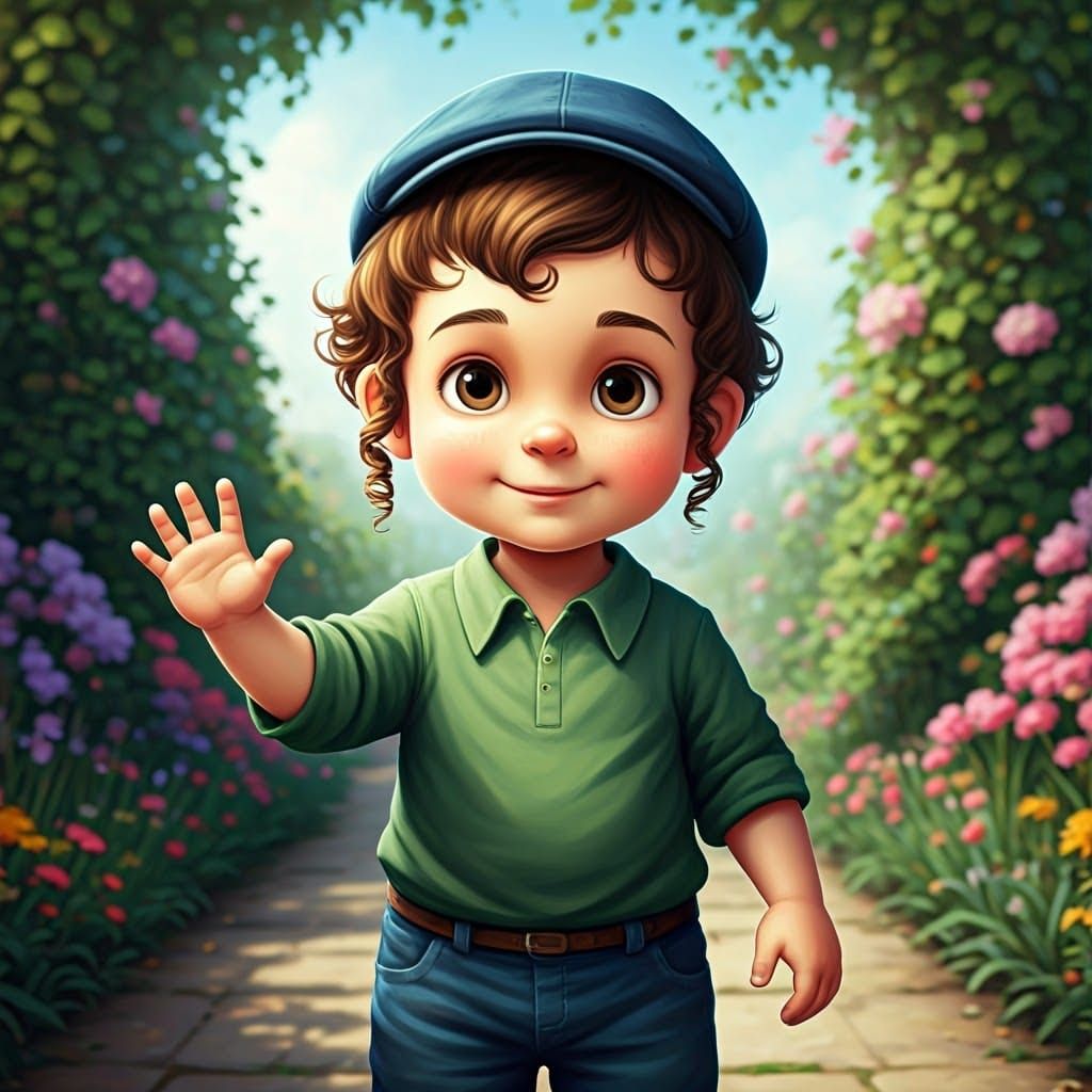 A Young Jewish Boy in a Garden, Waving in Peaceful Harmony