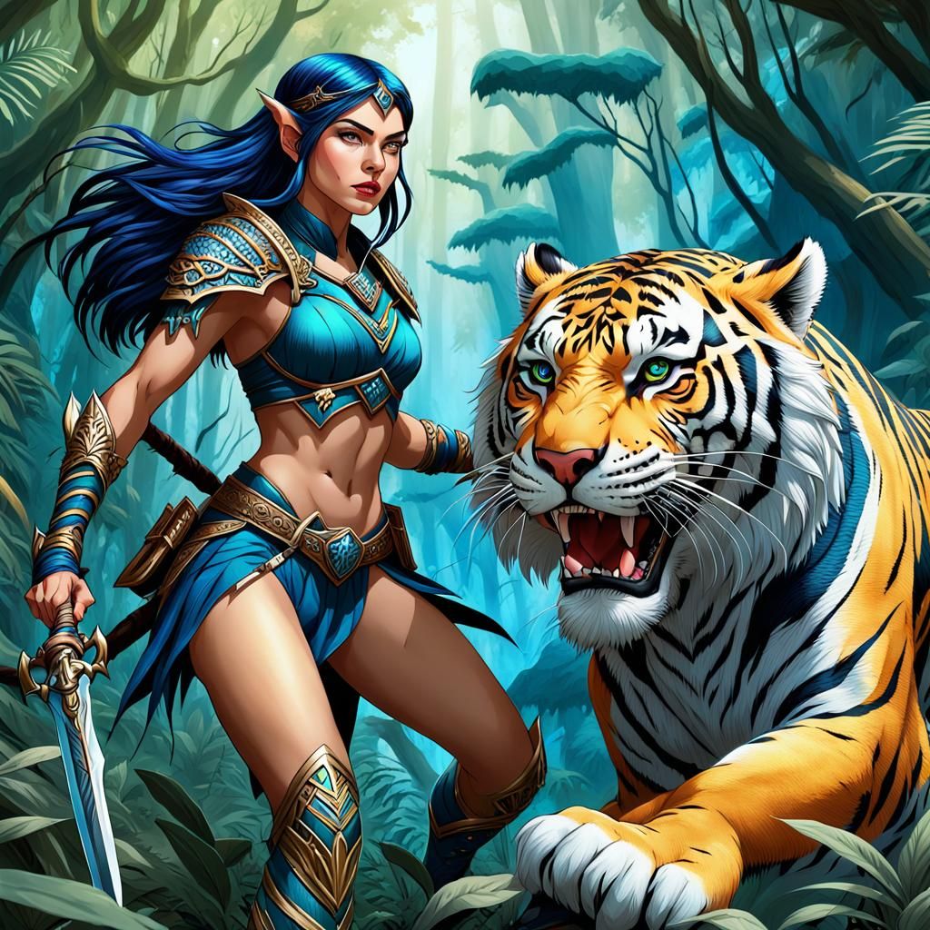 Elven Ranger and Saber-Toothed Tiger in Jungle