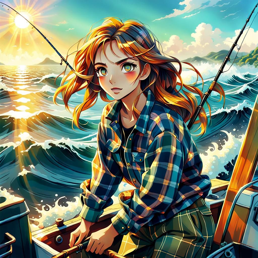 Anime Girl Fishing on Boat in Pastel Style