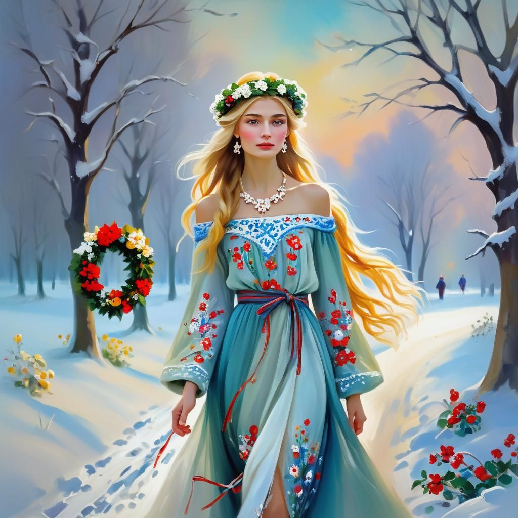Russian Model in Snowy Moscow: Impressionist Oil Painting