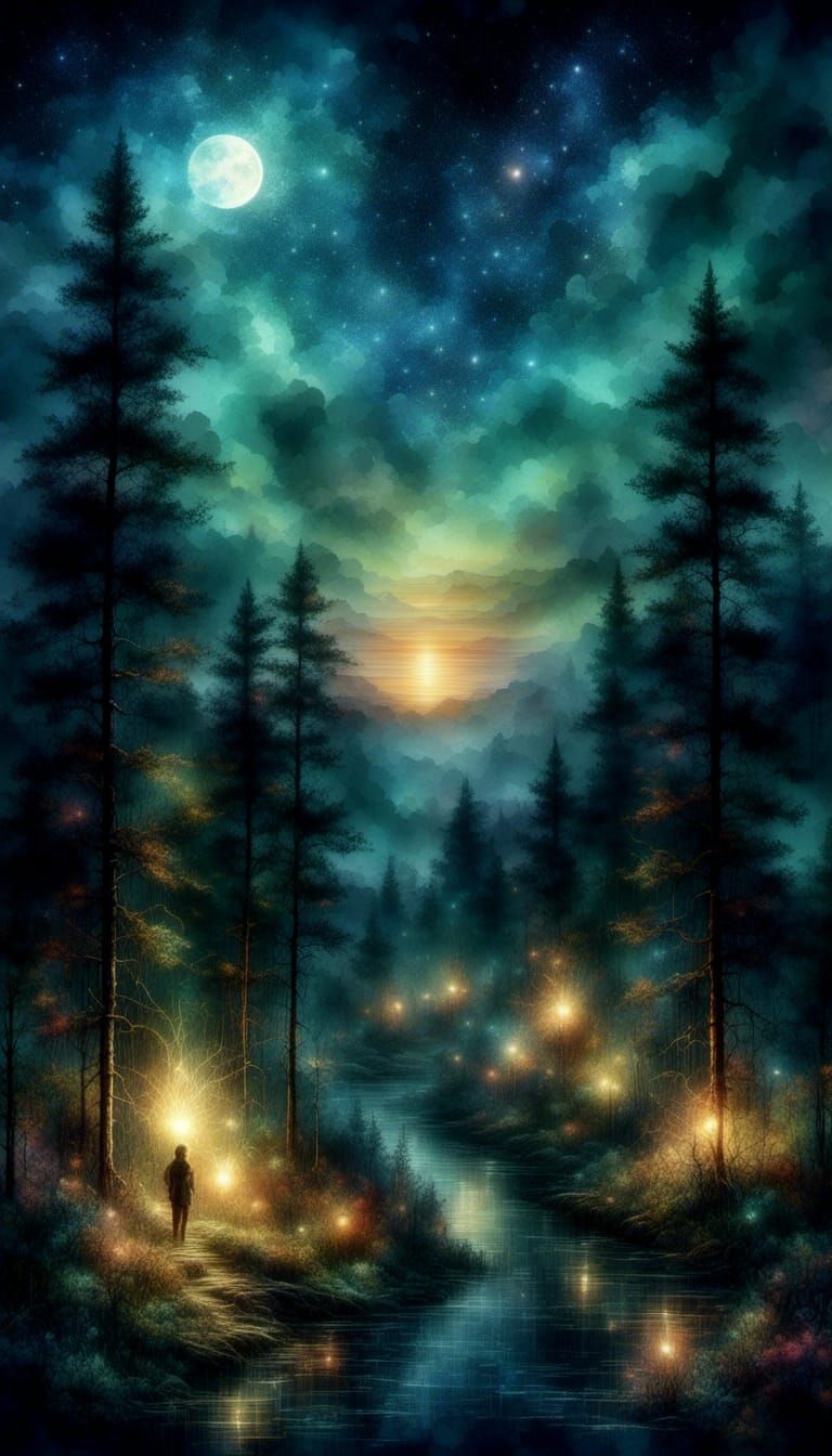 Moonlit Path Through Pine Forest Adventure