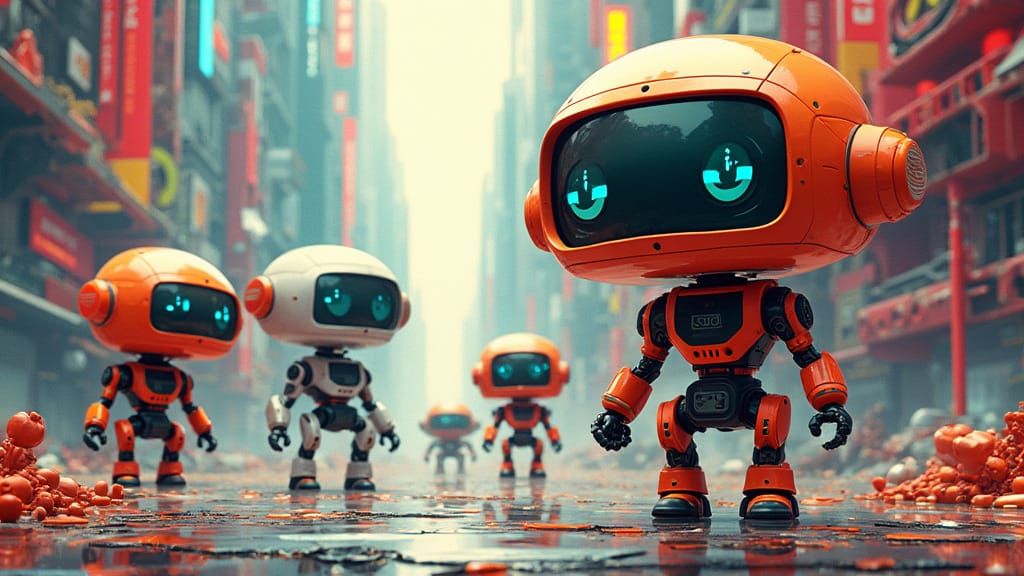 Futuristic Cityscape of Cartoon Robots in Vibrant Pixar Anim...