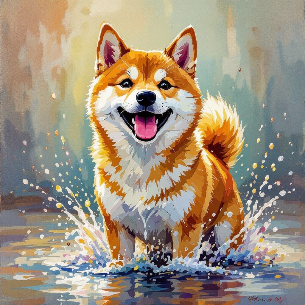 Joyful Shiba Inu Made of Water in Oil Pastel Style