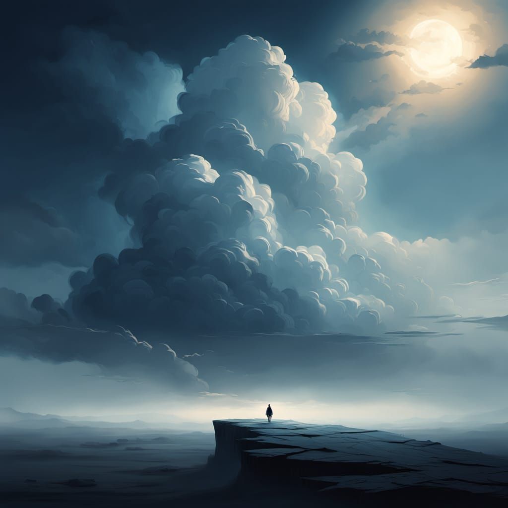 Solitary Figure Reaches for Luminous Cloudscape