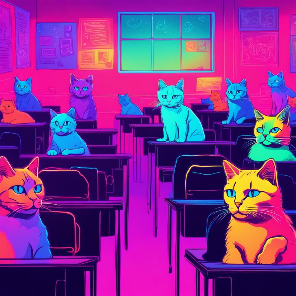 Cat in Classroom: Synthwave Neon Retro