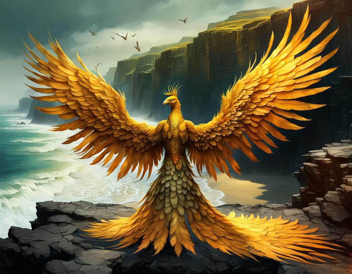 YELLOW Phoenix On the Cliffs in the intricate detailed BEACH opening Spreading Wings