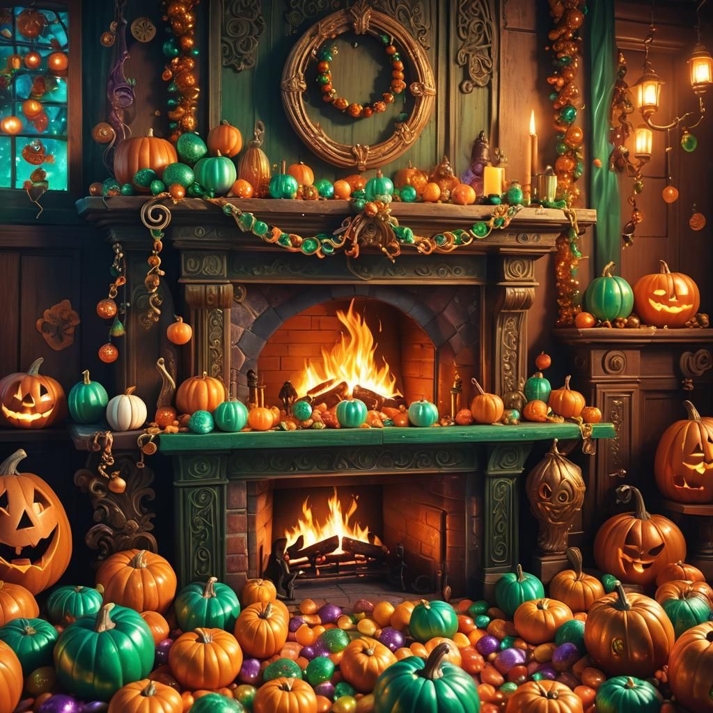 Festive Fireplace with Pumpkins and Candies