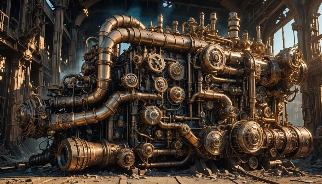 Steampunk Engine in Post-Apocalyptic Landscape