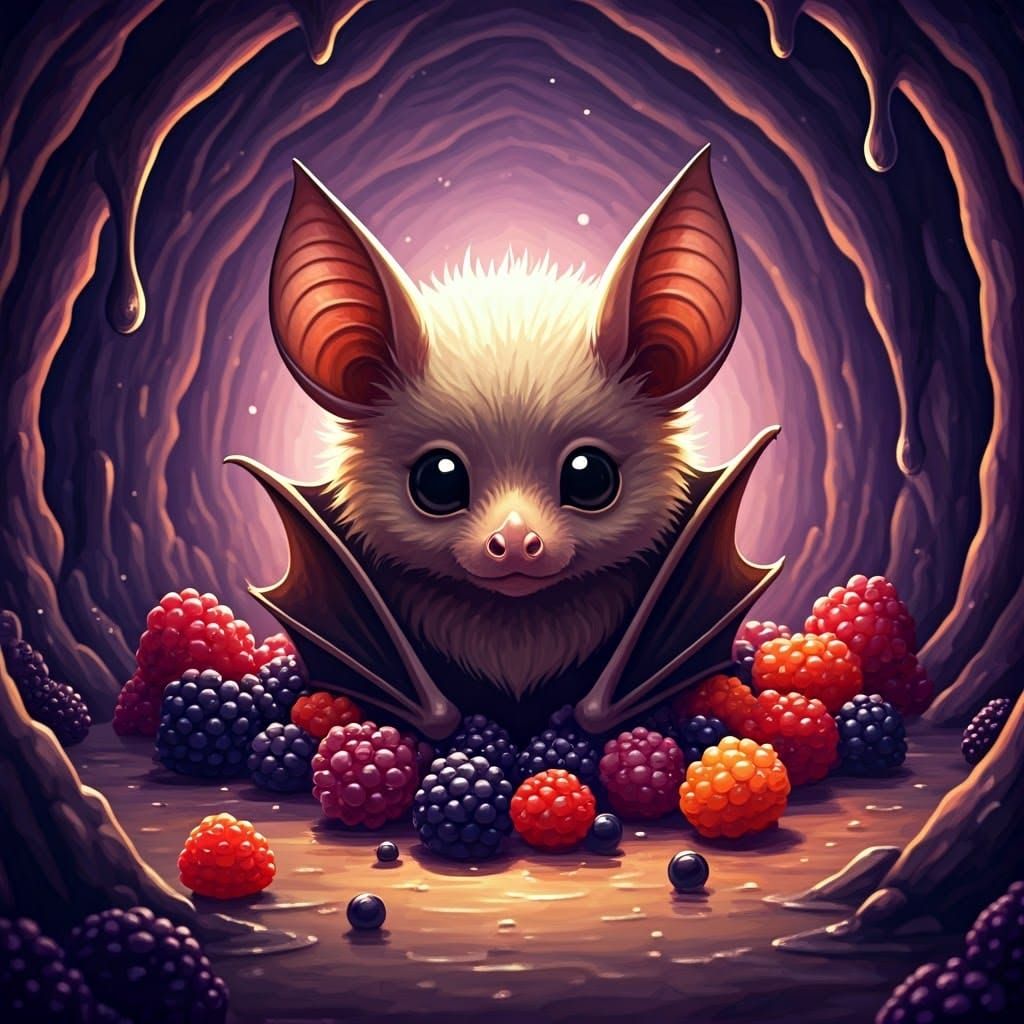Surreal Whimsical Watercolor of Kawaii Baby Fruit Bat in Ber...