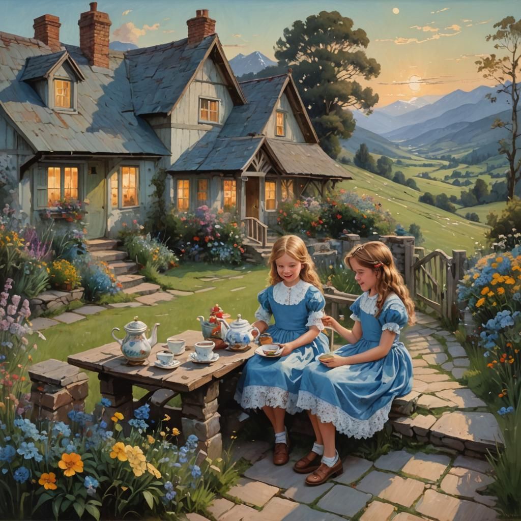 Tea Party on Cottage Porch, Oil Painting