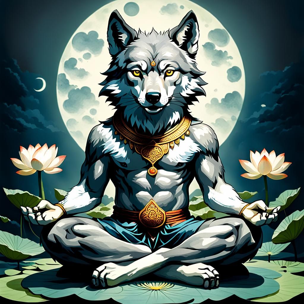 Anthropomorphic Wolf Meditating in Lotus Position