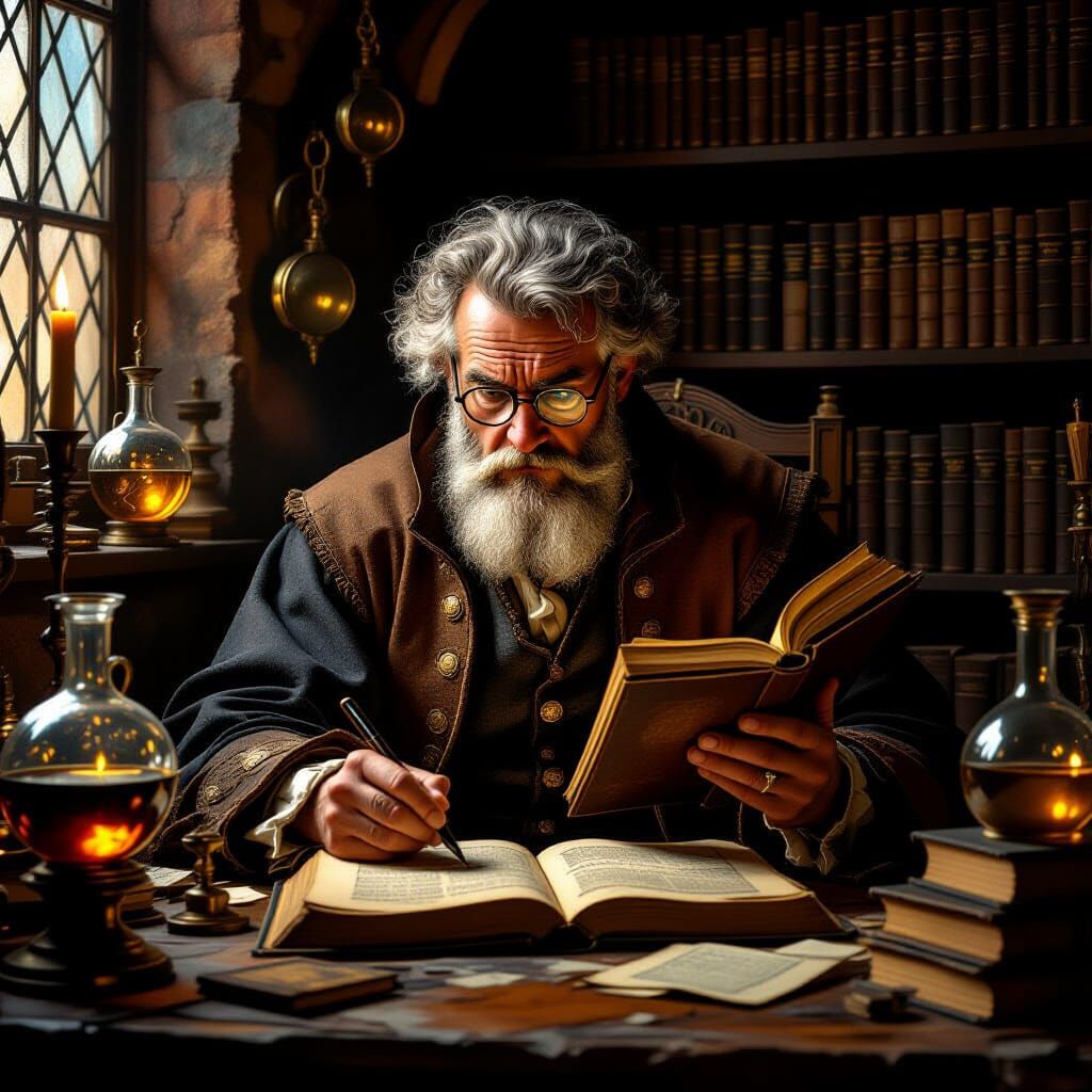 Scholar Studying Ancient Texts by Candlelight