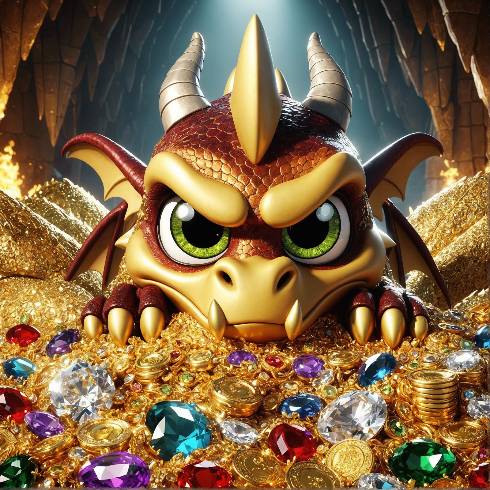 Grumpy Cartoon Dragon Guarding Treasure