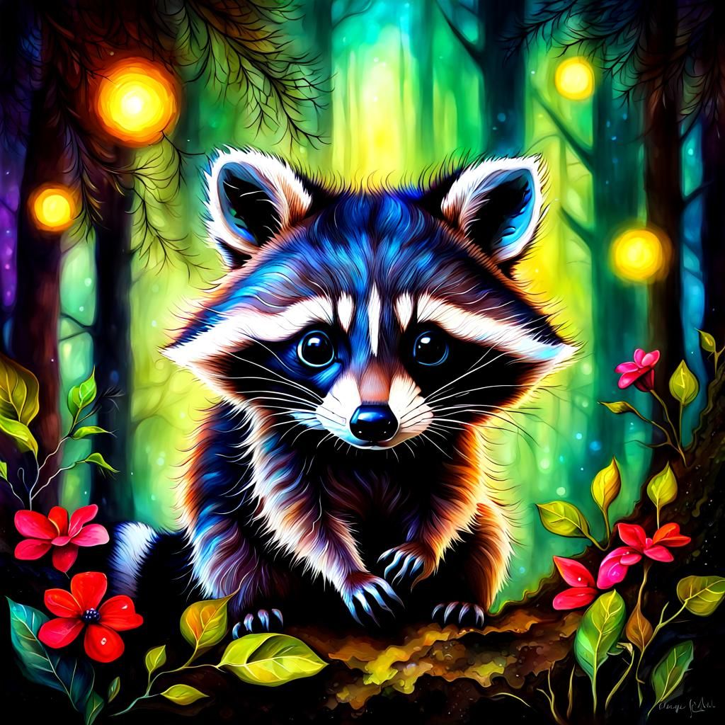 Enchanted Forest: Baby Raccoon in Oil and Ink
