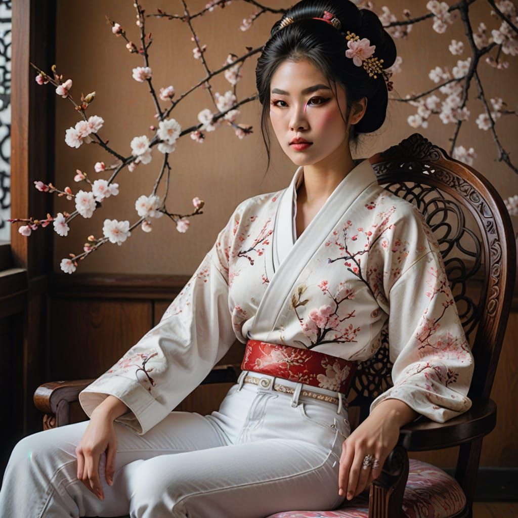 Photorealistic Geisha in Jeans with Cherry Blossoms