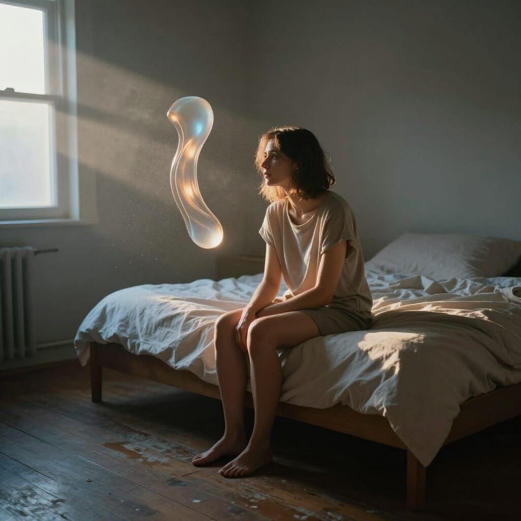 Solitary Woman Contemplates Sunrise in Quiet Bedroom