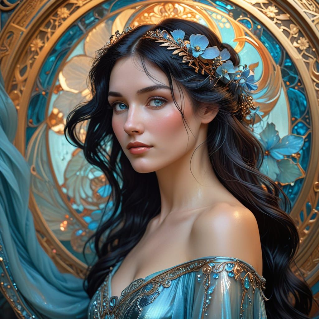 Classic Black haired beauty Alphonse Mucha  Art Nouveau