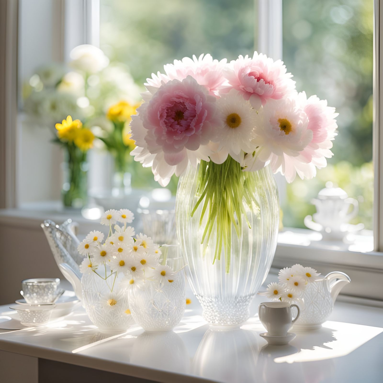 Iridescent Crystal Vase with Peonies and Daisies
