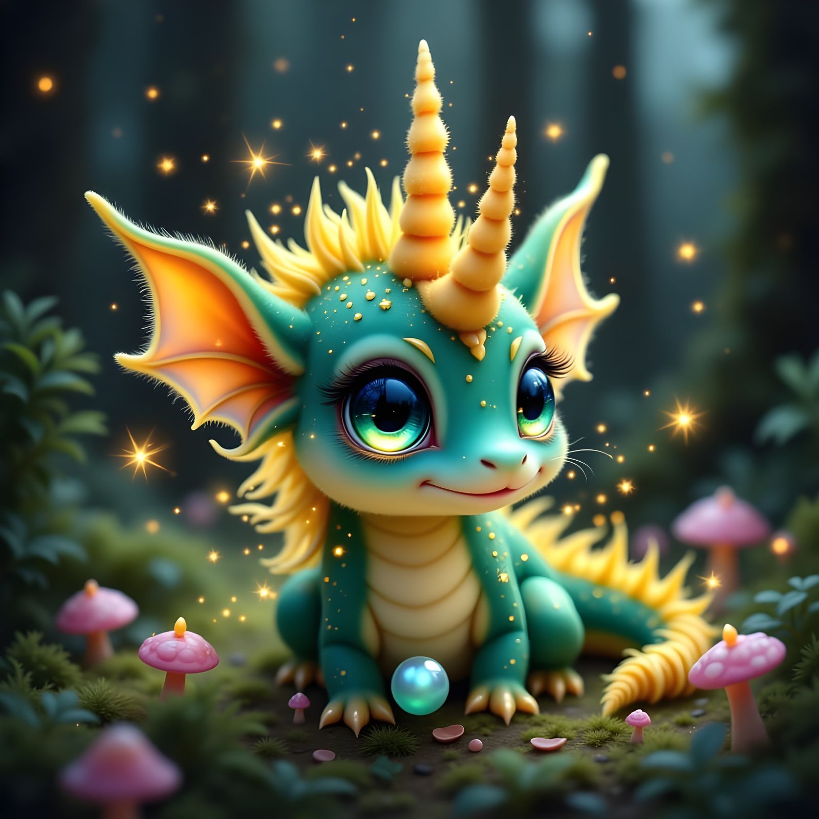 Cute Emerald Dragon-Unicorn with Pearl in Mushroom Forest