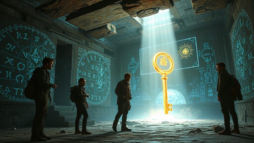 Ancient Temple Interior with Glowing Runes