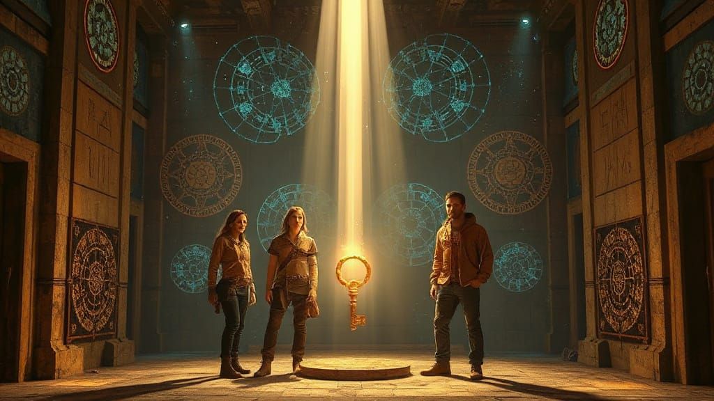 Ancient Temple Interior with Holographic Star Maps