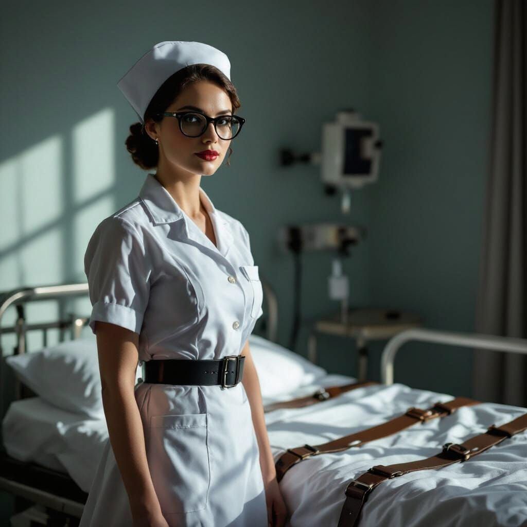 Attractive Nurse in Classic Costume Beside Restraint Bed