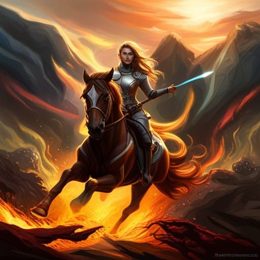 A Golden Armored Female Riding A Horse Surrounded By Fire